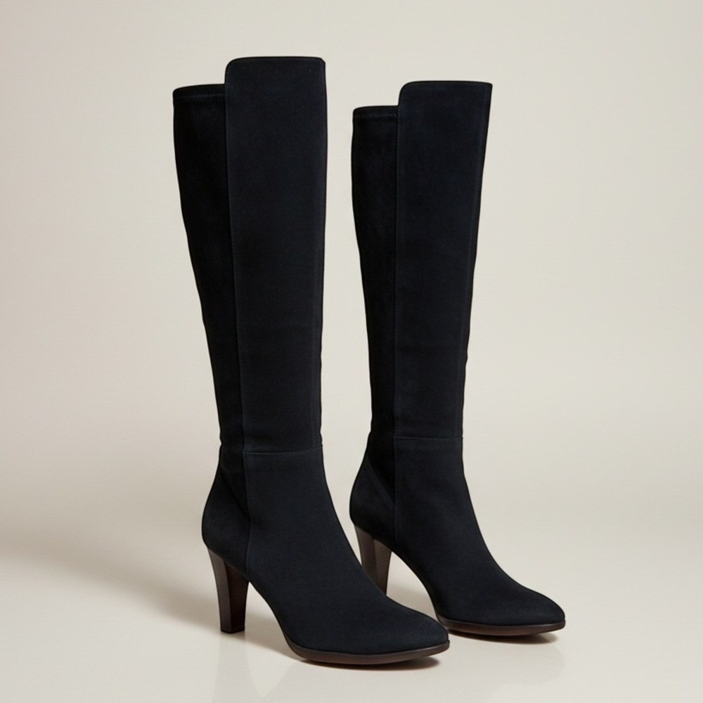AQUATALIA Womens Black Suede Boots Knee High Almond Toe Weatherproof Dressy Heel